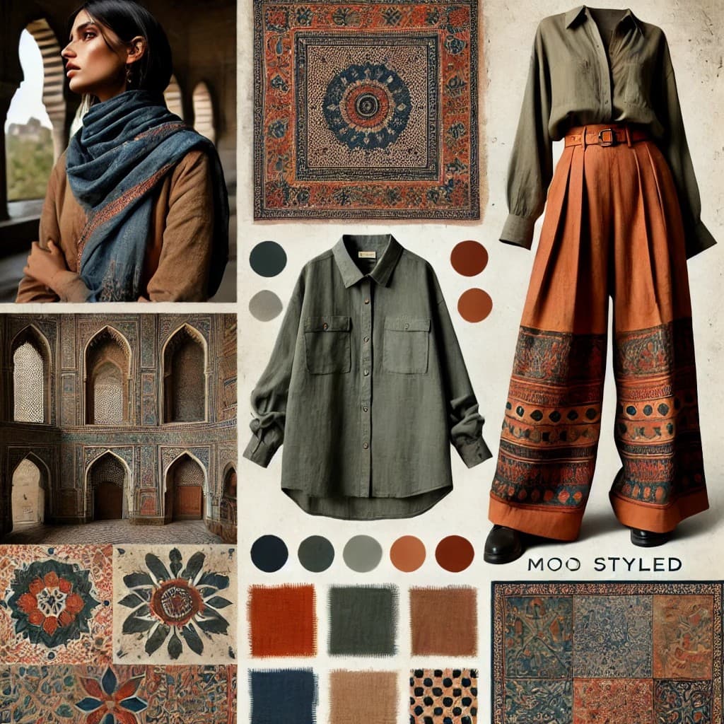 Urban Ritual look — handwoven khadi wrap top in olive, copper scarf